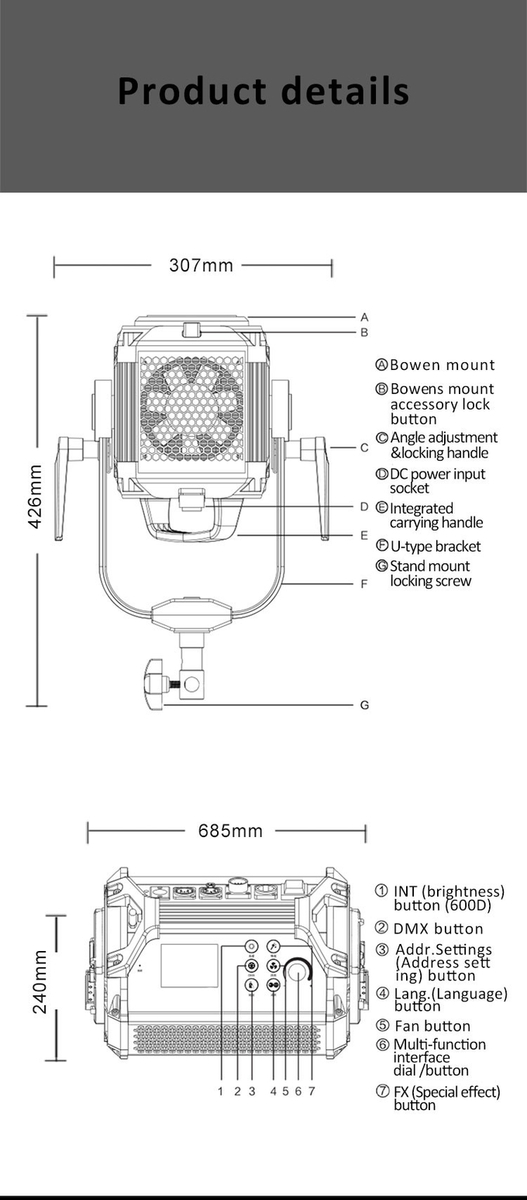 660W COOLCAM 600D Spotlight High-power COB monolight for photographic or movie