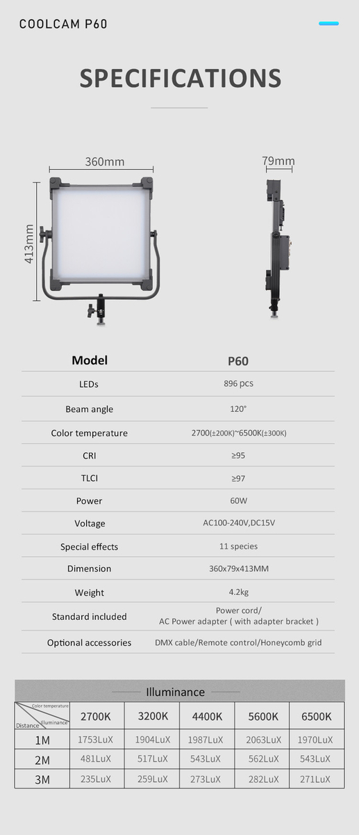 60W COOLCAM P60 LED Bi-color LED photo studio Light